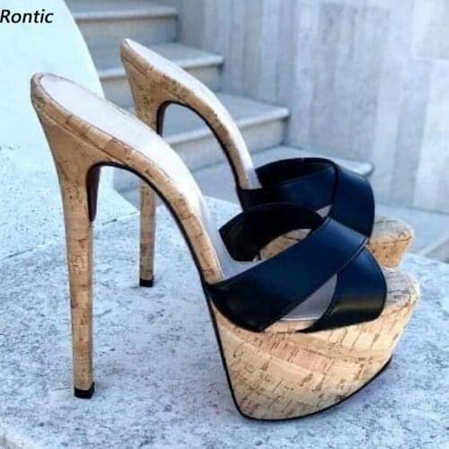 Rontic Women Platform Mules Sandals Slippers Unisex Cork Pattern Stiletto Heels Open Toe Elegant Black Party Shoes US Size 5-20