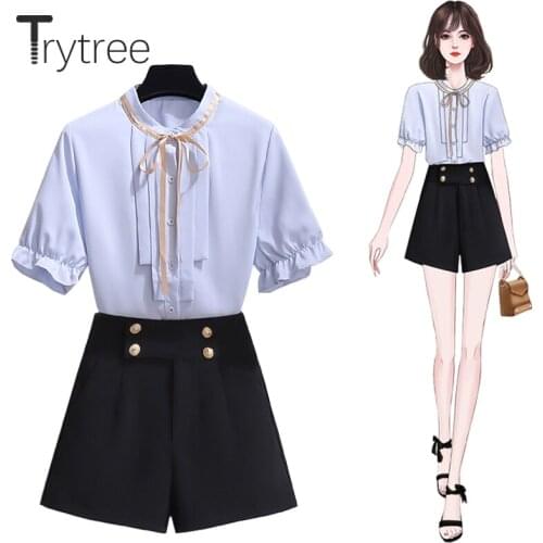 Trytree 2021 Summer Women Two Piece Set Casual Bow Single-breasted Shirt + Wide Leg Shorts Zipper Office Lady Solid 2 Piece Suit