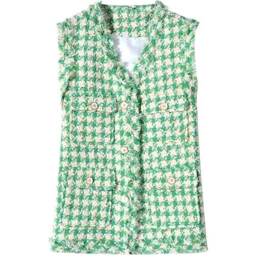 French style small fragrance tweed tassel vest women v-neck plaid single breasted top waistcoat