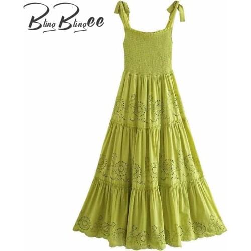 BlingBlingee Fruit Green Embroidery Hollow Out Long Maxi Dress Summer Tie Shoulder Shirred Body Women Ankle Length Tiered Dress