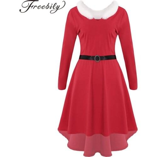 Womens Christmas Fancy Dress Mrs Santa Claus Xmas Party Costume V-neck Long Sleeves High-low Hemline Midi Dress with Belt