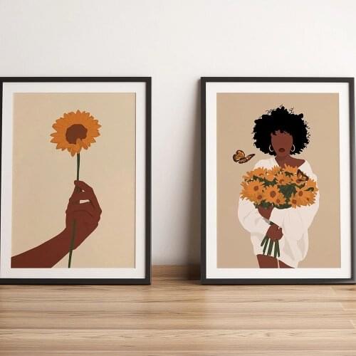 Abstract Boho Black Woman Flower Lover Nordic Poster And Print Wall Art Canvas Painting Girl Wall Pictures For Living Room Decor