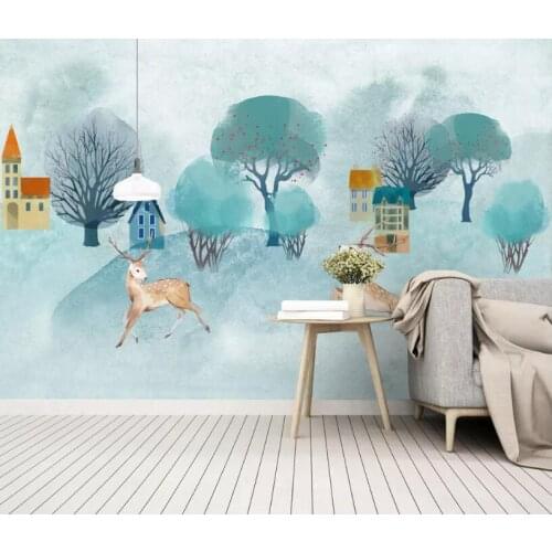 Bacal Custom 3d mural wallpaper Small fresh Large HD hand painted watercolor cartoon elk big tree background 3D wall wallpapers