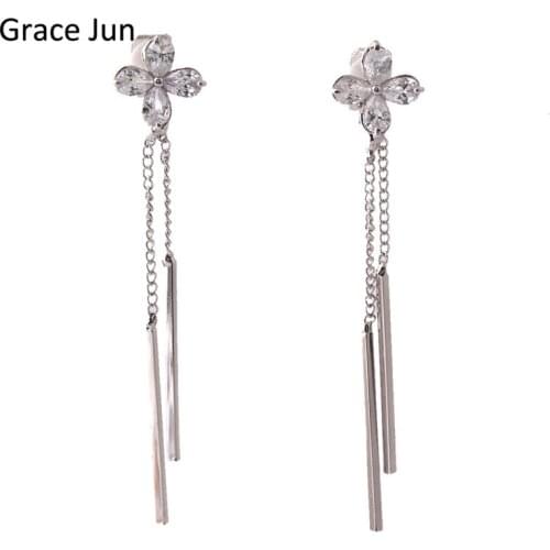 Grace Jun 2 Colors Choose Clover Flower AAA CZ Long Tassel Clip on Earrings No Pierced for Girl Party Charm Ear Clip Bijouterie