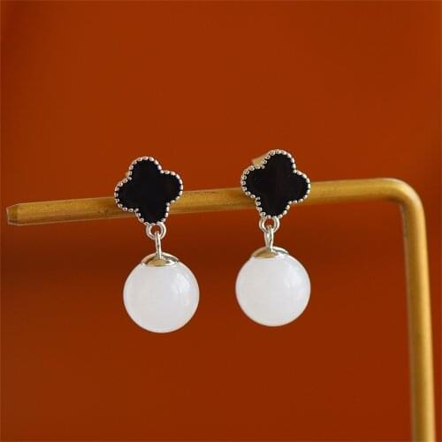 Black Four Leaf Clover Earrings Silver 925 Nephrite Hetian Jade Simple Short Style for Women and Teen Girls