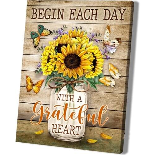 Rustic Art Poster Sunflower and Butterfly Wood Farmhouse Wall Art Canvas Prints Beach Each Day Inspiring Quotes Art Pictures
