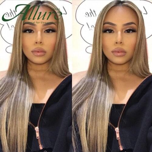 Long Straight Colored Highlight Wig Human Hair Transparent Fake Scalp Lace Wig Ombre Brown Blonde Hair Preplucked Allure 22Inch