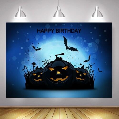 Halloween Kids Happy Birthday Party Backdrop Decoration Pumpkin Lantern Horrifying Bat Photography Background Blue Bokeh Moon
