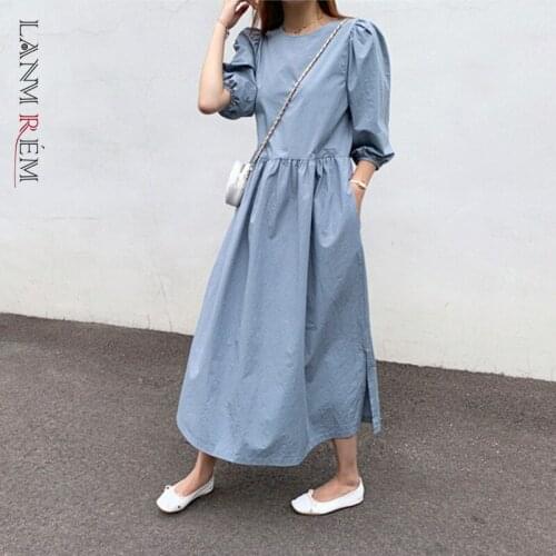 LANMREM 2021 Spring Summer Blue Dress Vintage Womens Loose Lantern Sleeve Dress Long Length Dresses With Pockets YJ054