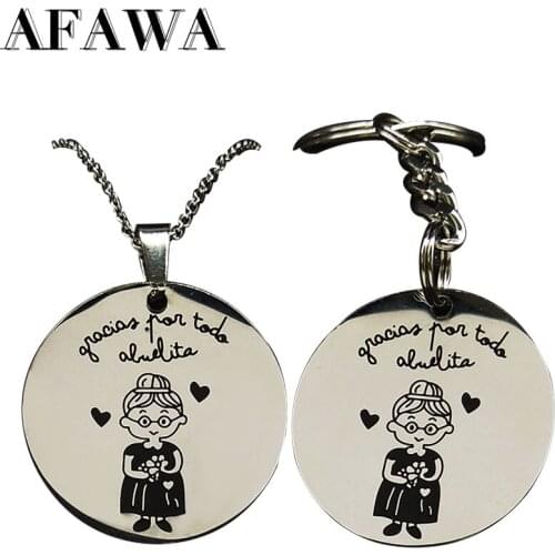 2PCS Letter Abuela Stainless Steel Necklace and Keychain Set for Women Silver Color Jewelry acero inoxidable joyeria S178604S01