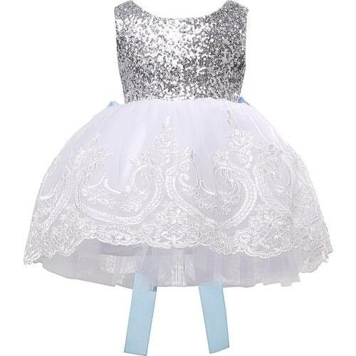 New 2020 Flower Baby Girls Bowknot Lace Embroidered Kids Christmas Party White Dresses