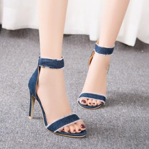 New women denim sandals Simple high heels solid zipper cover heel deep blue peep toe fashion female shoes high quality size35-40