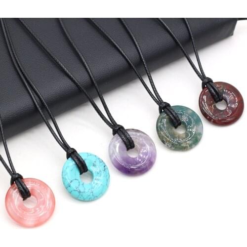 Natural Stone Agates Sodalite Yellow Jades White Turquoises Wax Line Necklace Pendant Jewelry Party Gift Size 25mm Length 60cm