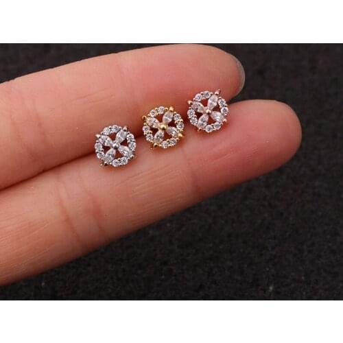 1 PCS Fashion Shiny Round Flower Micro Pave Ziron Piercing Ear Bone Cuff Stud Earrings Gold Color Stainless Steel Bar Ball Ears
