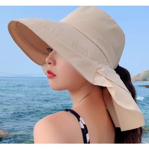 New Fashion Women Summer UV Protection Sun Hat Female Ponytail Bucket Hat With Neck Flap Outdoor Traveling Beach Cap