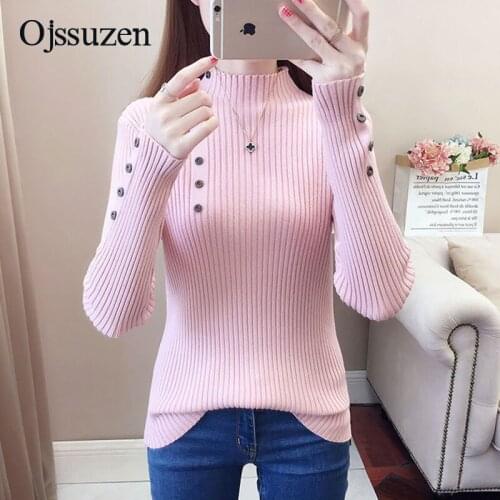 Thin Autumn Slim Women Sweater With Button Soft Knitting Jumper Female Pink Top Black Yellow Korean Pullover Ladies Sweaters