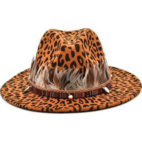 Leopard Pattern Autumn And Winter Ladies Warm Wool Hat Tassel Retro Jazz Hat Big Brim Hat Flat Brim Hat Gambler Party Hat F10