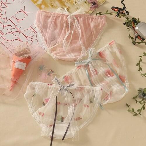 Ladies Clear Mesh Silk Panties Sweet Japanese Lolita Lace Panties Pink Underwear Bow Female Women Underwear Cute Sexy Briefs