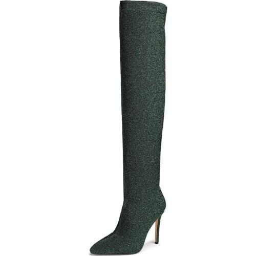 European Style Pointed Toe Womens Over-The-Knee Boots Flock Super High Stiletto Lycra Boots Army Green Socks Shoes