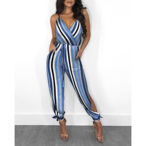 Casual Rompers Women Striped Print Wide Leg Belted Rompers Womens Jumpsuit Long Sleeve V Neck Slim Fit