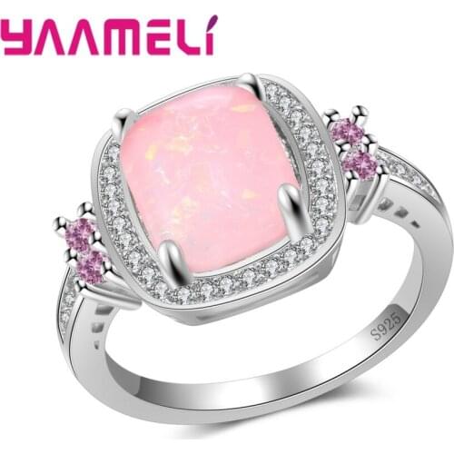 New Attractive Women Lovely Cute Square Opal Stones 925 Sterling Silver Jewelry Accessory Summer Style Pink Ring
