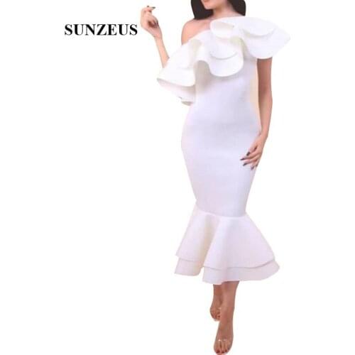 Tea Length Mermaid Prom Dress One Shoulder Ivory Party Gowns With Ruffles Women Speical Occasion Dress