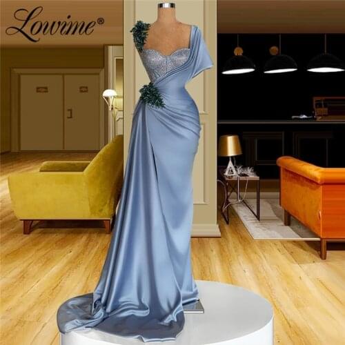 Lowime Beading Customized Evening Dress 2021 Mermaid Capped Sleeve Dark Blue Dubai Women Formal Evening Gowns Party Prom Dresses