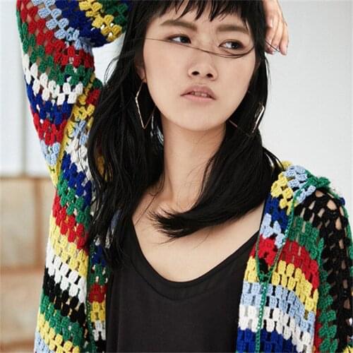 100% hand made pure wool thin knit women fashion hollow out hooded striped cardigan sweater retail wholesale customized