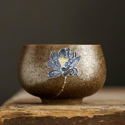 105ml Vintage Hand Painted Embossed Lotus Ceramic Teacup Japanese Style Retro Tea Cup Stoneware Tea Set Home Tea Bowl Master Cup