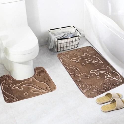 2Pcs Dolphin Print Bathroom Non-slip Toilet Carpet Rug Floor Mat Set Home Decor