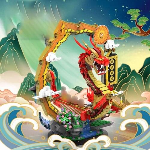 2038pcs+4 Dolls Chinese Classic Dragon Boat Festival Boat 2 In 1 Ship model building Kit Toys For Chids Birthday Christmas Gifts
