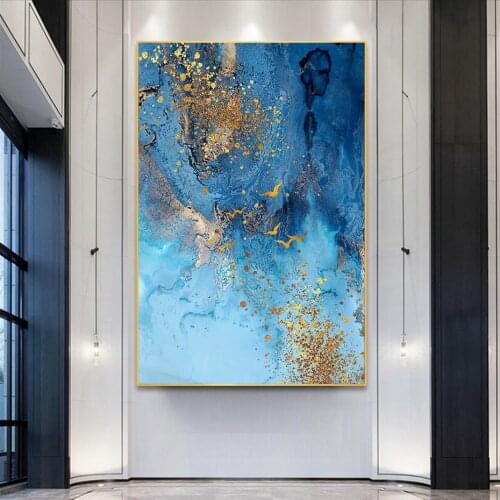 Abstract Blue Ocean Gold Glitter Artwork Canvas Painting Poster Modern Ocean Prints Wall Art for Living Room Decorartion