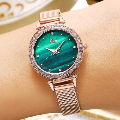 Hot Rhinestone Casual Women Watches Rose Gold Green Antique Luxury Lady Quartz Wristwatch Mesh Band Female Party Hour
