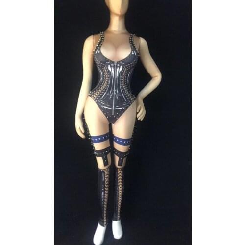 Nightclub black Sexy Bodysuit white fashion Nude Costume Dance Rivets Jumpsuit Outfit bar costumes party favors christmas gifts