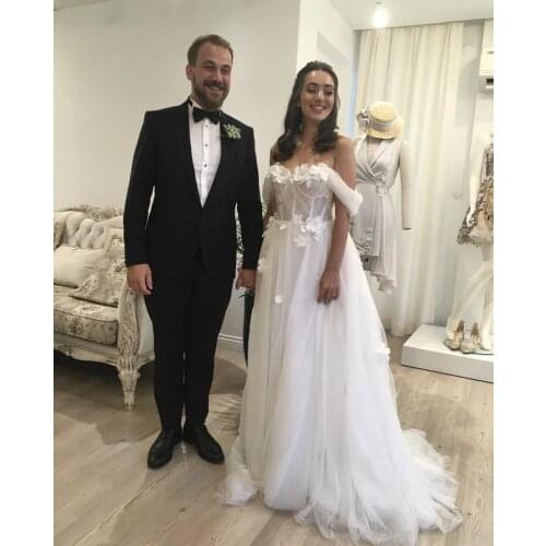 Boho Long Tulle Flowers Wedding Dresses for Bride 2021 A Line Off Shoulder Sleeveless Bridal Gowns vestido de noiva