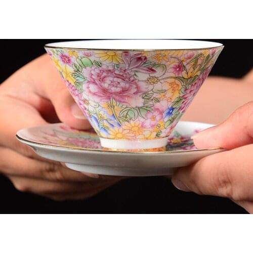 Enamel Tea Set Ceramic Tea Cup Saucer Hand Painted Colorful Flowers Master Cup Single Cup Household Tea Ceremony Accessories