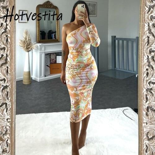 Hotvestita 2021 Fashion Print Sexy One Shoulder Bodycon Midi Dress Spring Autumn Long Sleeve Woman Elegant Party Club Dresses
