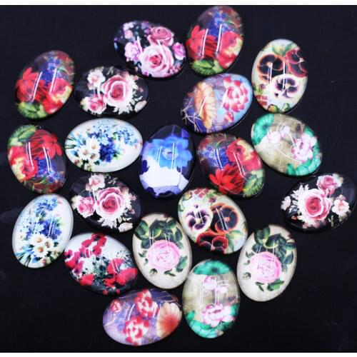 50PCS Mixed Ramdom Oval Glass Cameo Cabochons Flower Floral Pattern 10x14mm Embellishment Scrapbook Handbag Crafts Accessories