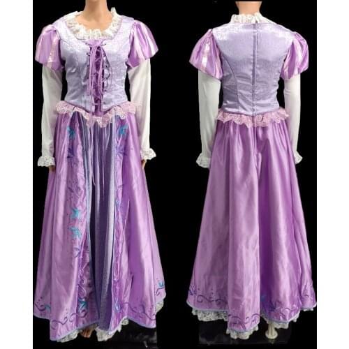 Princess Rapunzel Cosplay Costume Adult Women Purple Embroidered Dress Halloween Carnival Posh Party Gown