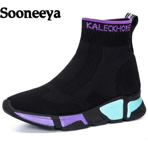 High Top Running Shoes For Woman Chunky Elasticity Wedge Platform Sneakers Breathable Socks Women Sports Shoes Soft Sole