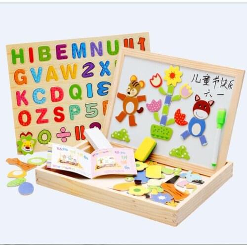 Magnetic wooden jigsaw puzzle kids toys alphabet Tangram board cartoon educational learning toy drawing baby toys for girls boys