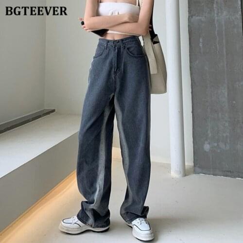 BGTEEVER 2021 Fashion Chic Loose Wide Leg Denim Long Pants for Women High Waist Gradient Gray Female Floor-Length Jeans Pants
