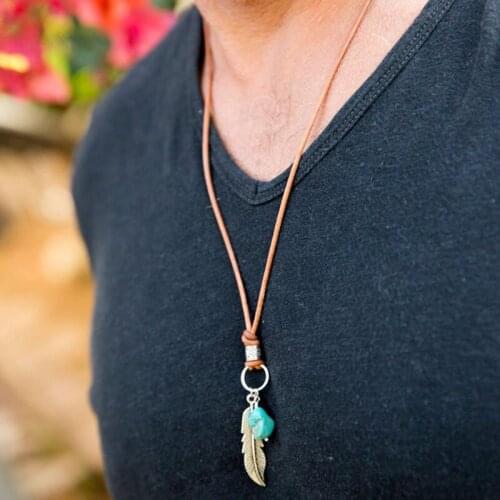 Mens Feather Necklace Maroon and Antique silver and Leather Unisex Boho Bohemian