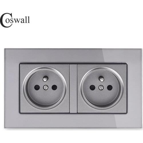 Coswall 16A Double French Standard Wall Socket Crystal Glass Panel Power Outlet Grounded With Child Protective Door Grey Black