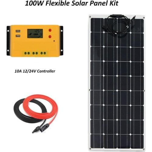 Portable Solar Panel Kit Flexible 100W plate CELLS Monocrystalline silicon Panels+10A LCD solar charge controller+ cable