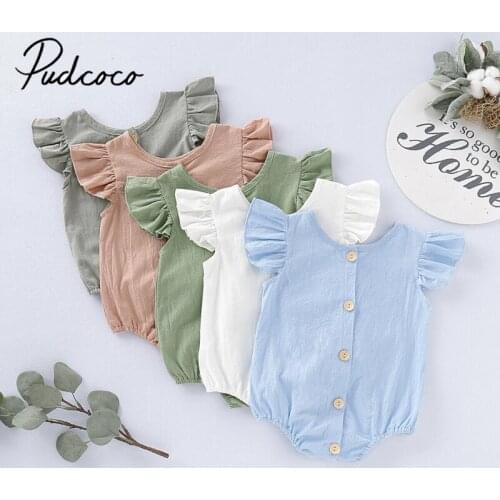 Pudcoco Summer Infants Baby Girls Boys Clothing Bodysuits Pure Color Ruffles Fly Short Sleeve Jumpsuit Clothes Tops Playsuits