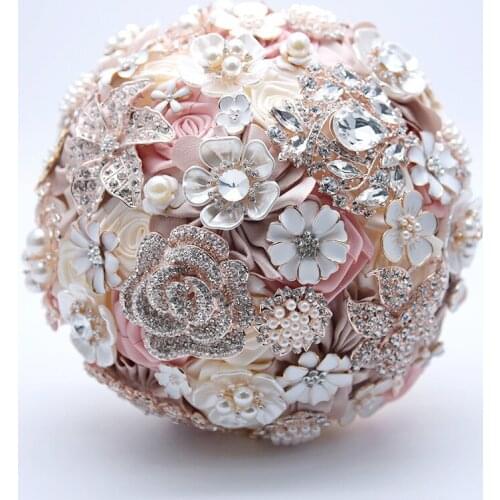 Silk Wedding Flowers Rhinestone Jewelry Blush Pink Brooch Bouquet Gold Broach Bridal Wedding Dress Wedding Bouquet