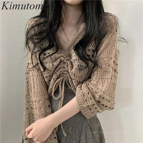 Kimutomo Sweaters Women Autumn Elegant Cropped Lace-up Chic Khaki Hollow Out Knitwear All-match Long Sleeve Simple Top Casual