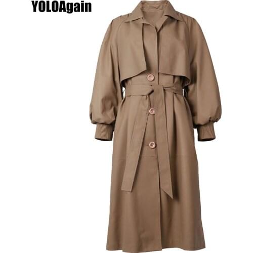 YOLOAgain Spring Fashion Oversized Long Jacket Women Genuine Leather Trench Coat