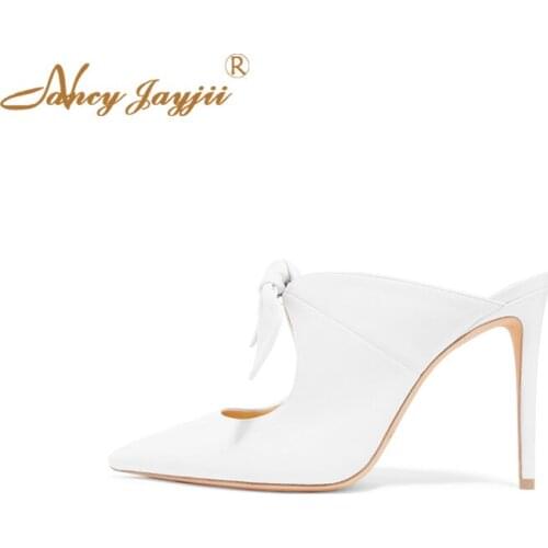 White Ladies Bow-Embellished Leather Mules 2019 Summer Outside Butterfly-Knot Thin Heels Shoes Woman Fashion